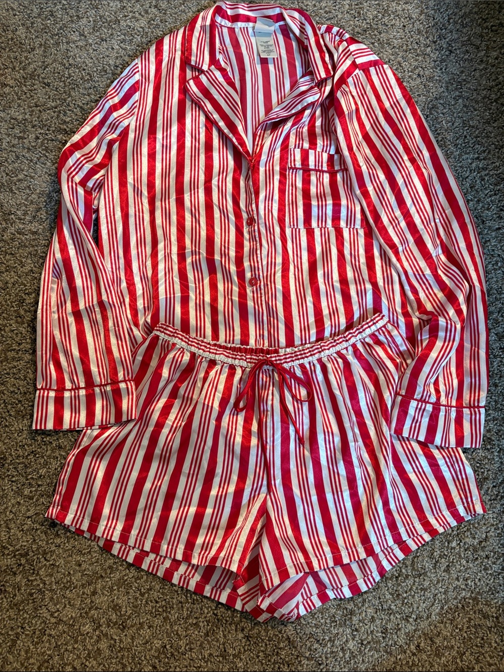 Red and White Striped Satin Pajama Set - Long Sleeve Top & Shorts